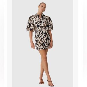 C/MEO Good Side Mini Dress with Puff Sleeves Brown and Ivory Pockets Sz M‎